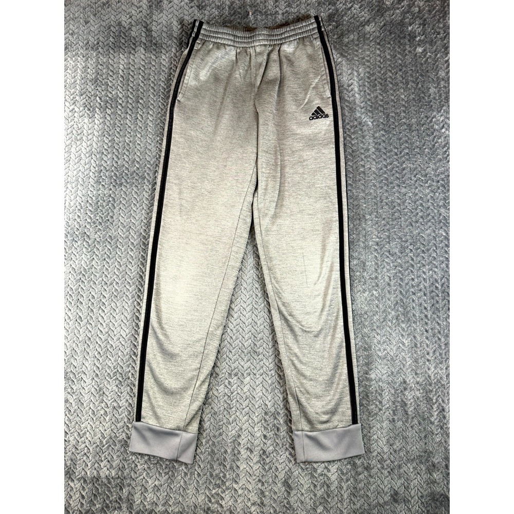 Adidas Sweatpants Boy L 14/16 Heather Gray 3 Stripe Drawstring Waist Tapered Leg
